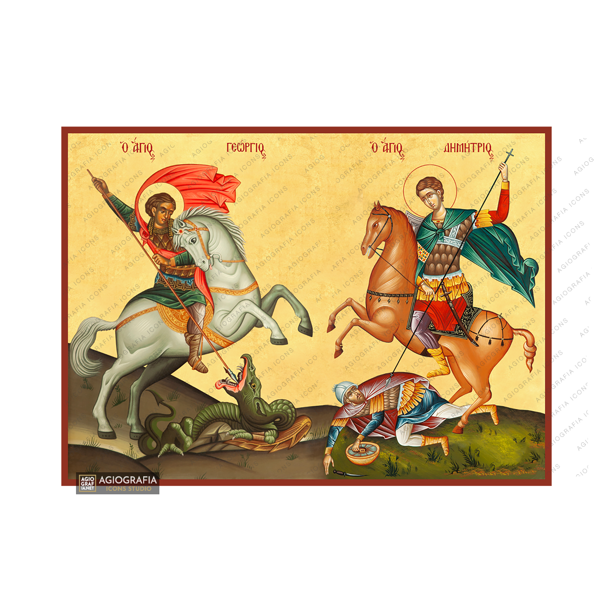 22k Saints George & Demetrius Orthodox Icon with Gold Leaf