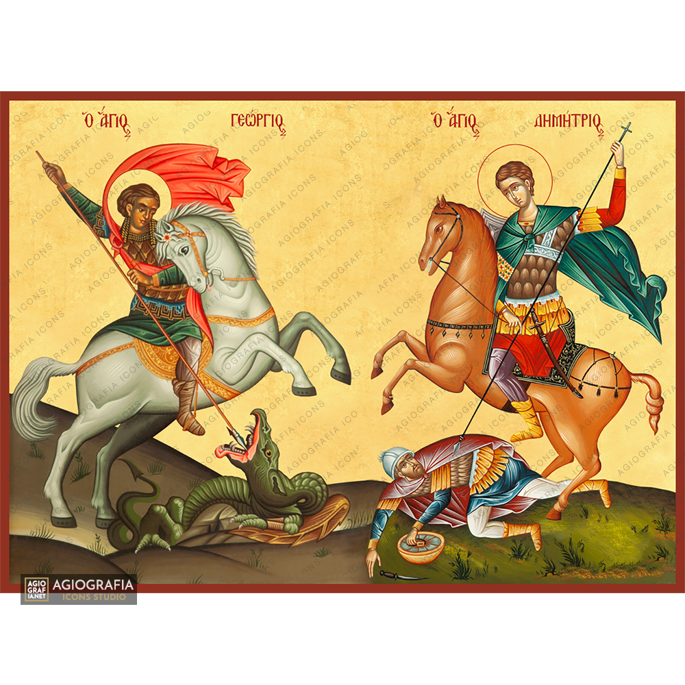 22k Saints George & Demetrius Orthodox Icon with Gold Leaf