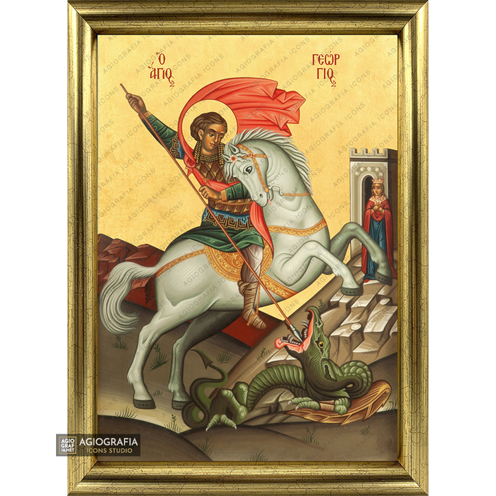 22k San Giorgio icona cristiana ortodossa incorniciata a foglia d'oro