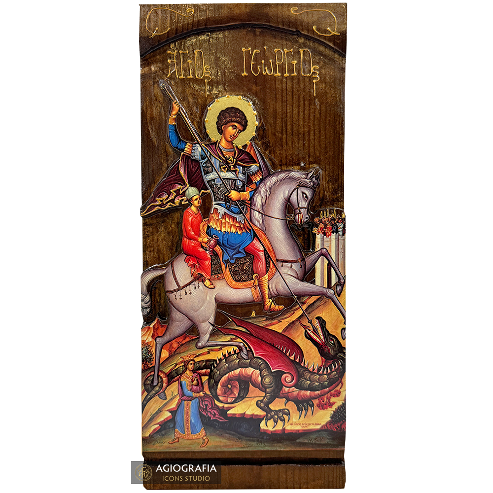 Saint George on horseback Gold Print Icon on Carved Wood