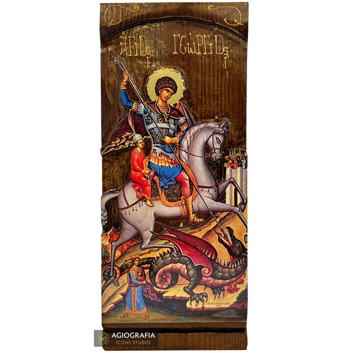 Saint Georges à cheval icône en impression or sur bois sculpté