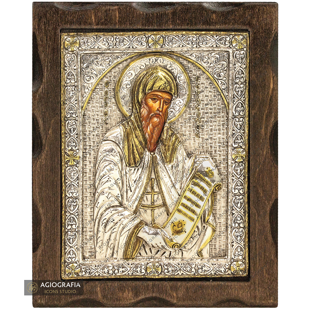 Heiliger Gerasimos orthodoxe Ikone aus reinem Silber mit 24k Vergoldung