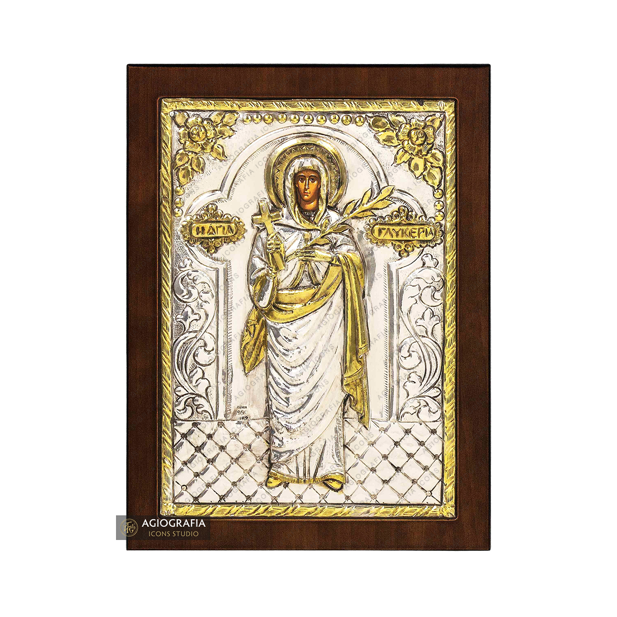 Saint Glykeria Christian Orthodox Silver Plated Icon on Wood