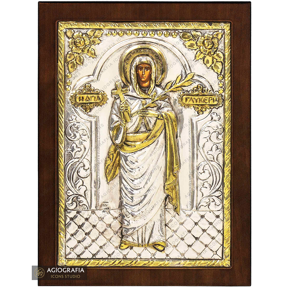 Saint Glykeria Christian Orthodox Silver Plated Icon on Wood