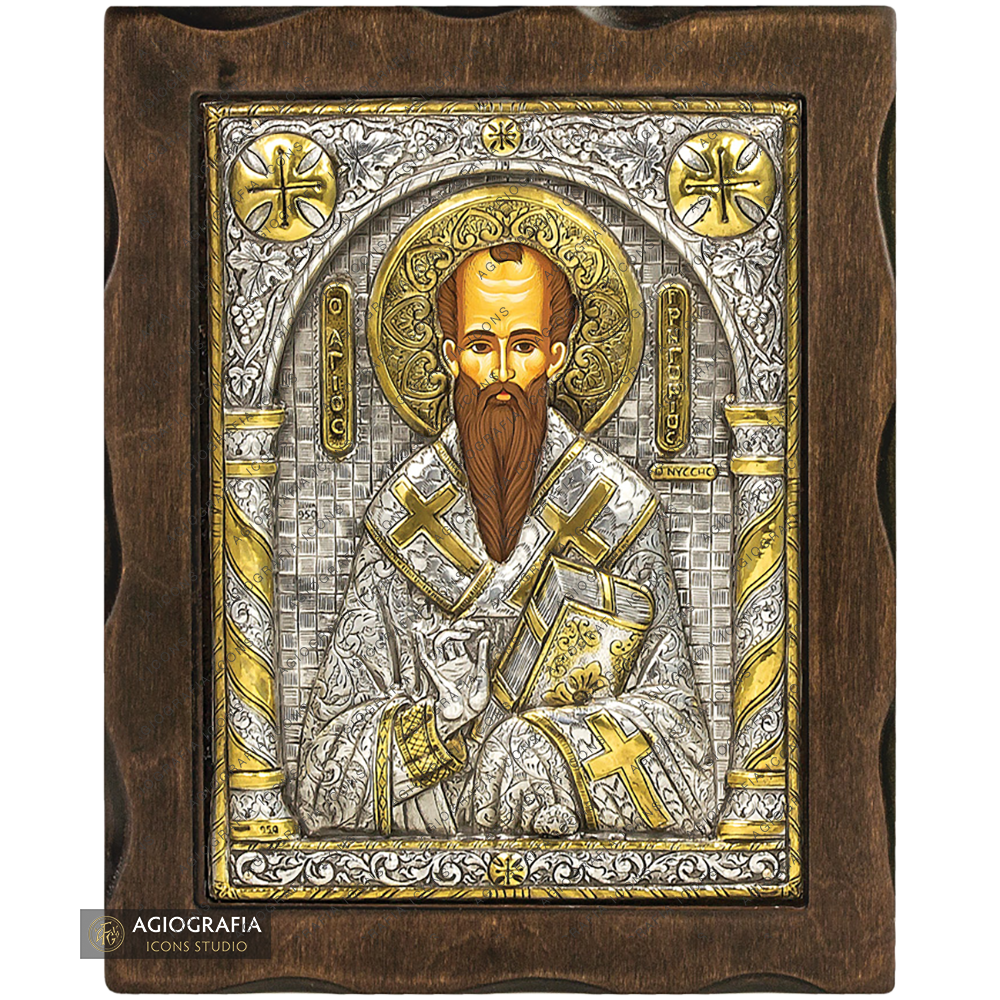 Heiliger Gregor von Nyssa orthodoxe Ikone aus reinem Silber mit 24k Vergoldung