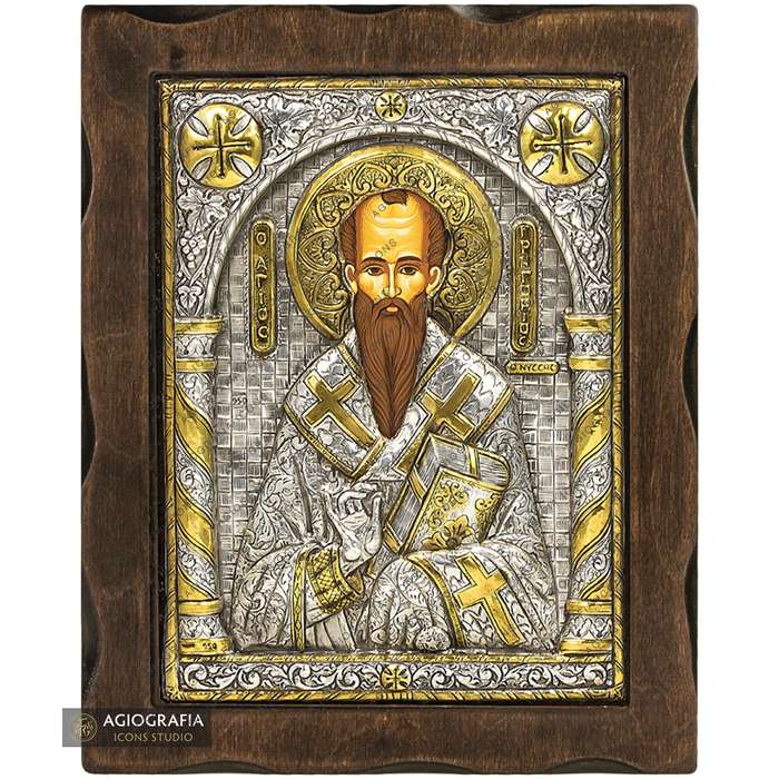 Saint Gregory of Nyssa Pure Silver and 24k Gold Plated Orthodox Icon