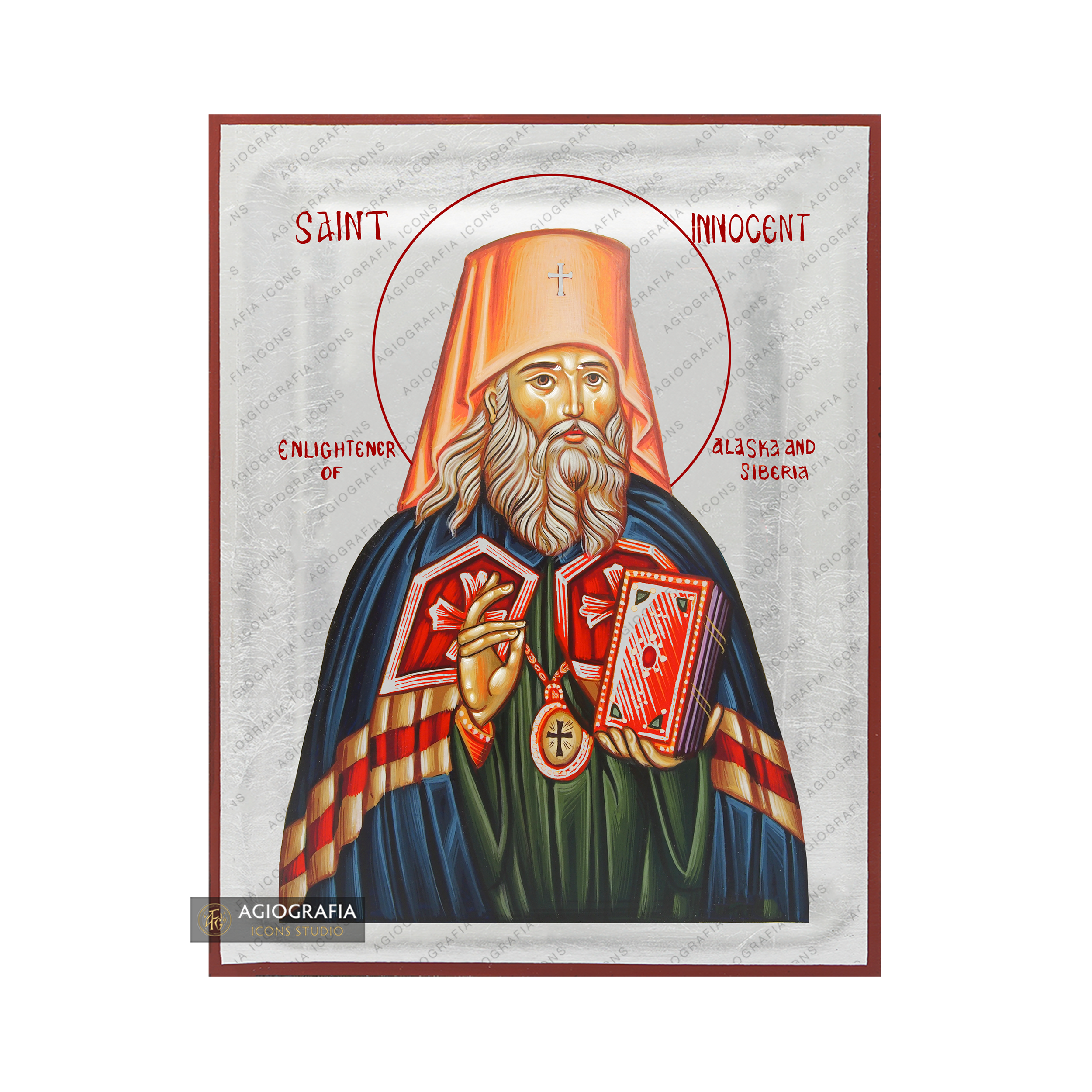 Exclusive St Innocent Orthodox Icon with Pure Silver Leaves