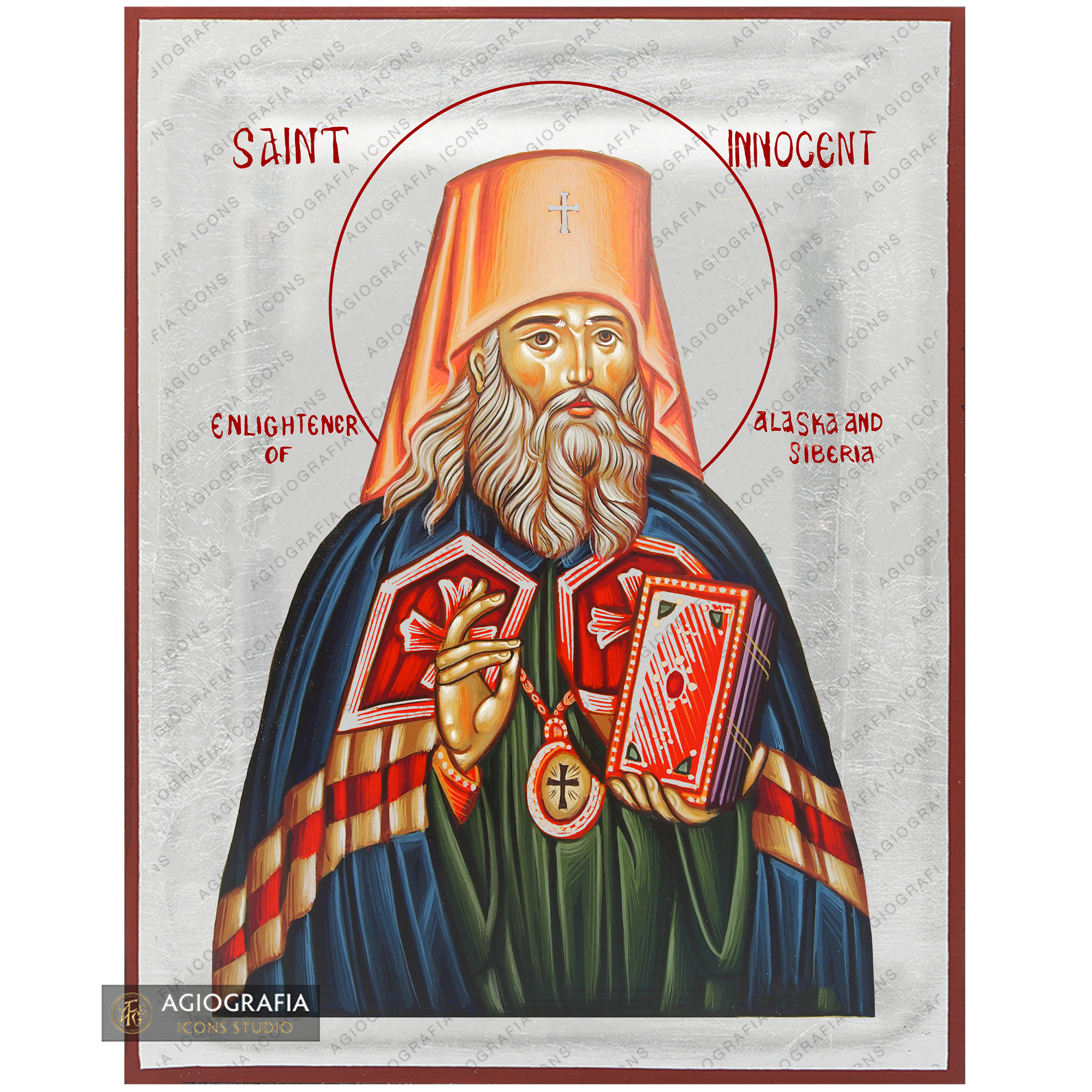 Exclusive St Innocent Orthodox Icon with Pure Silver Leaves