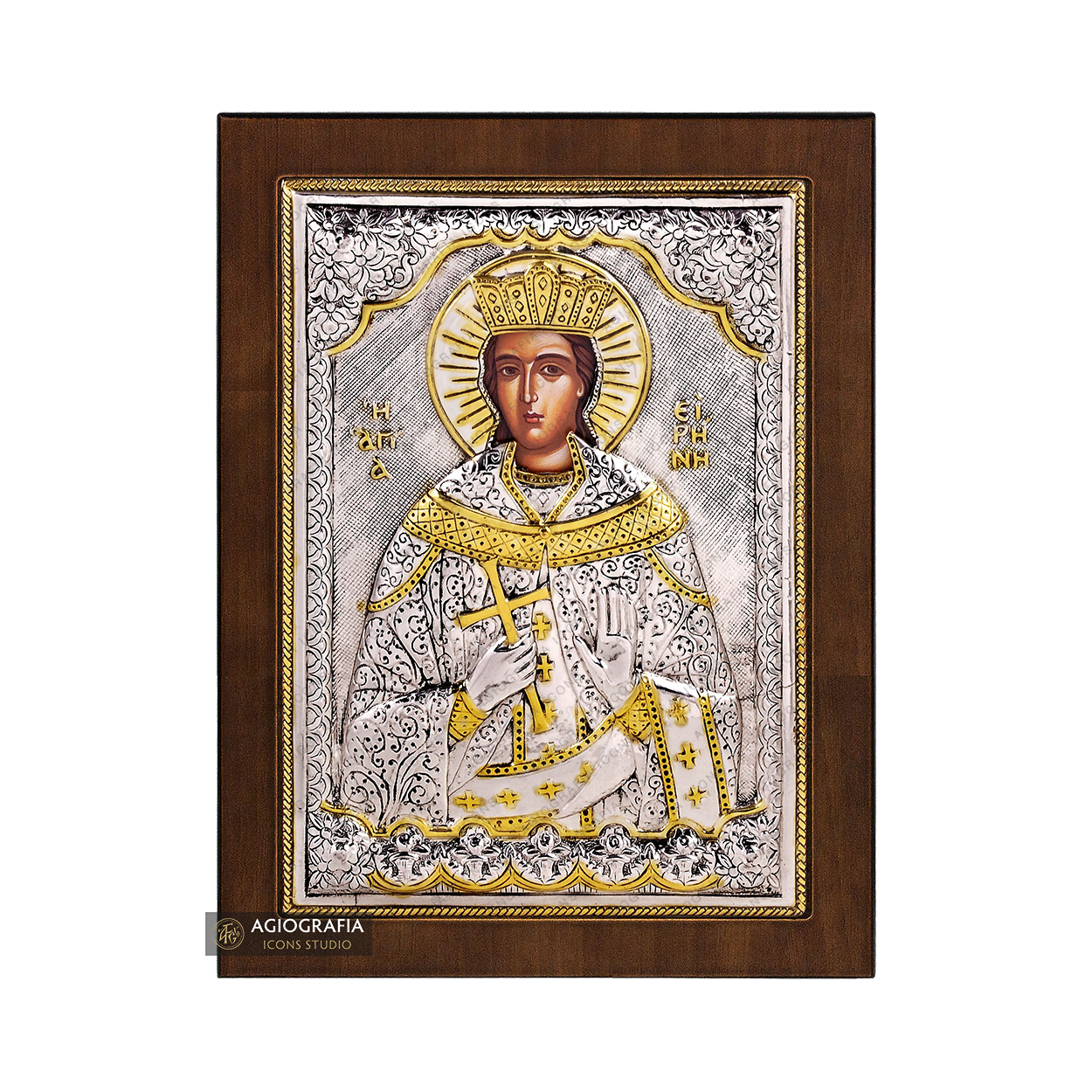 Saint Irene Christian Orthodox Silver Plated Icon on Wood