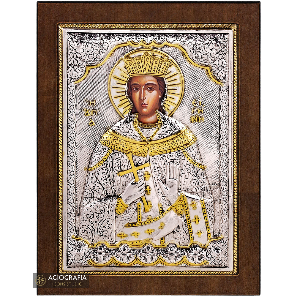 Saint Irene Christian Orthodox Silver Plated Icon on Wood