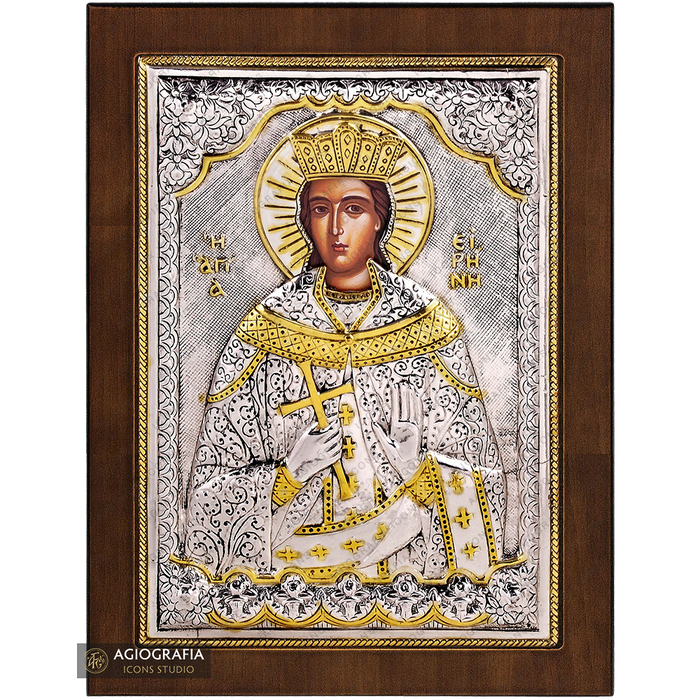 Santa Irene icono cristiano ortodoxo plateado en madera