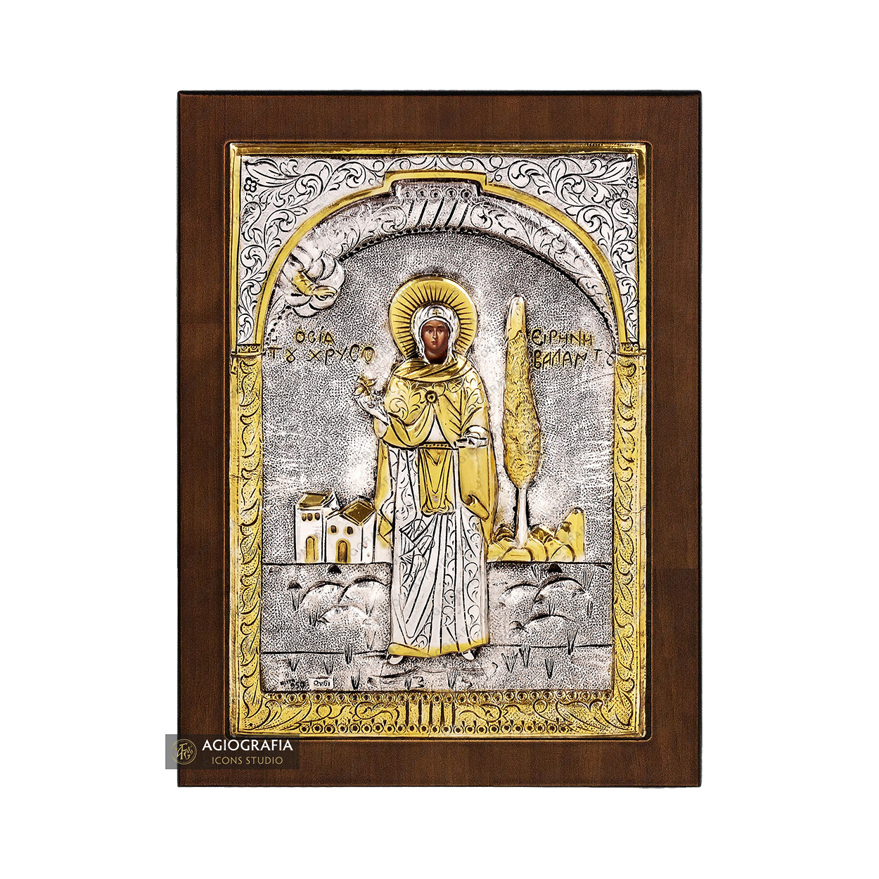 Saint Irene Chrisovalantou Christian Silver Plated Icon on Wood
