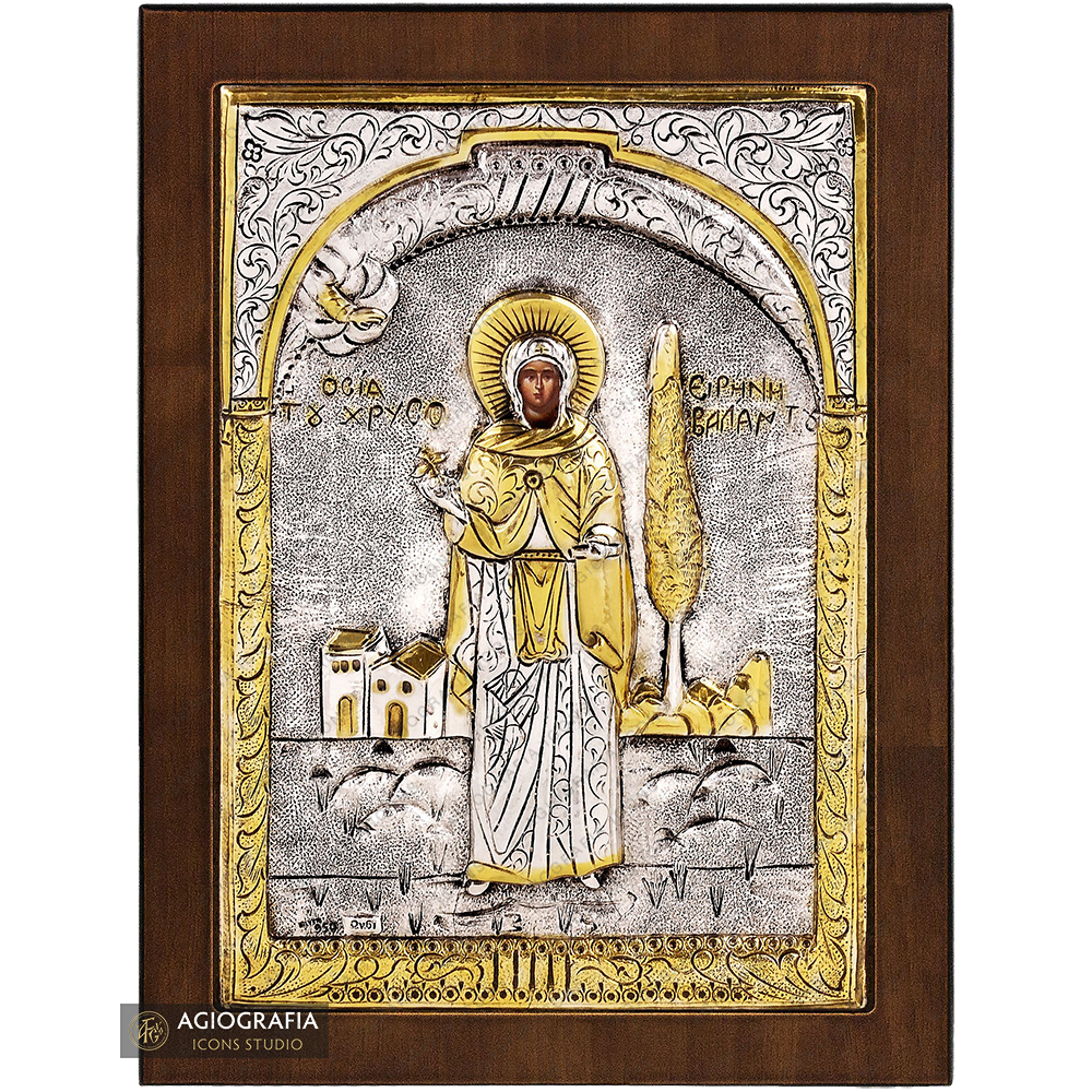 Saint Irene Chrisovalantou Christian Silver Plated Icon on Wood