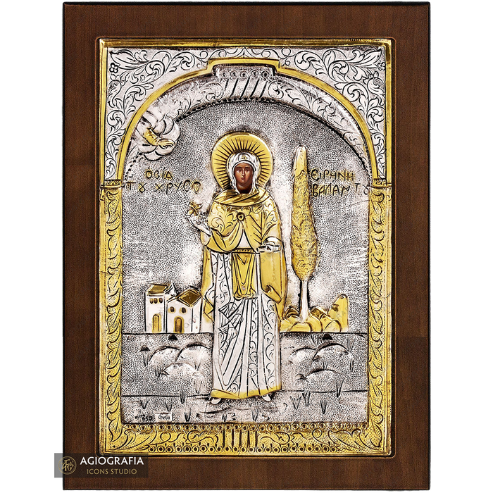 Santa Irene de Crisovalanto icono cristiano plateado en madera