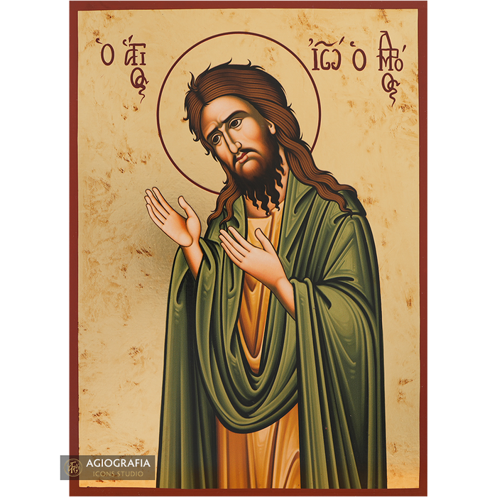 San Giovanni Battista Deesis icona a stampa oro con foglia d'oro anticata