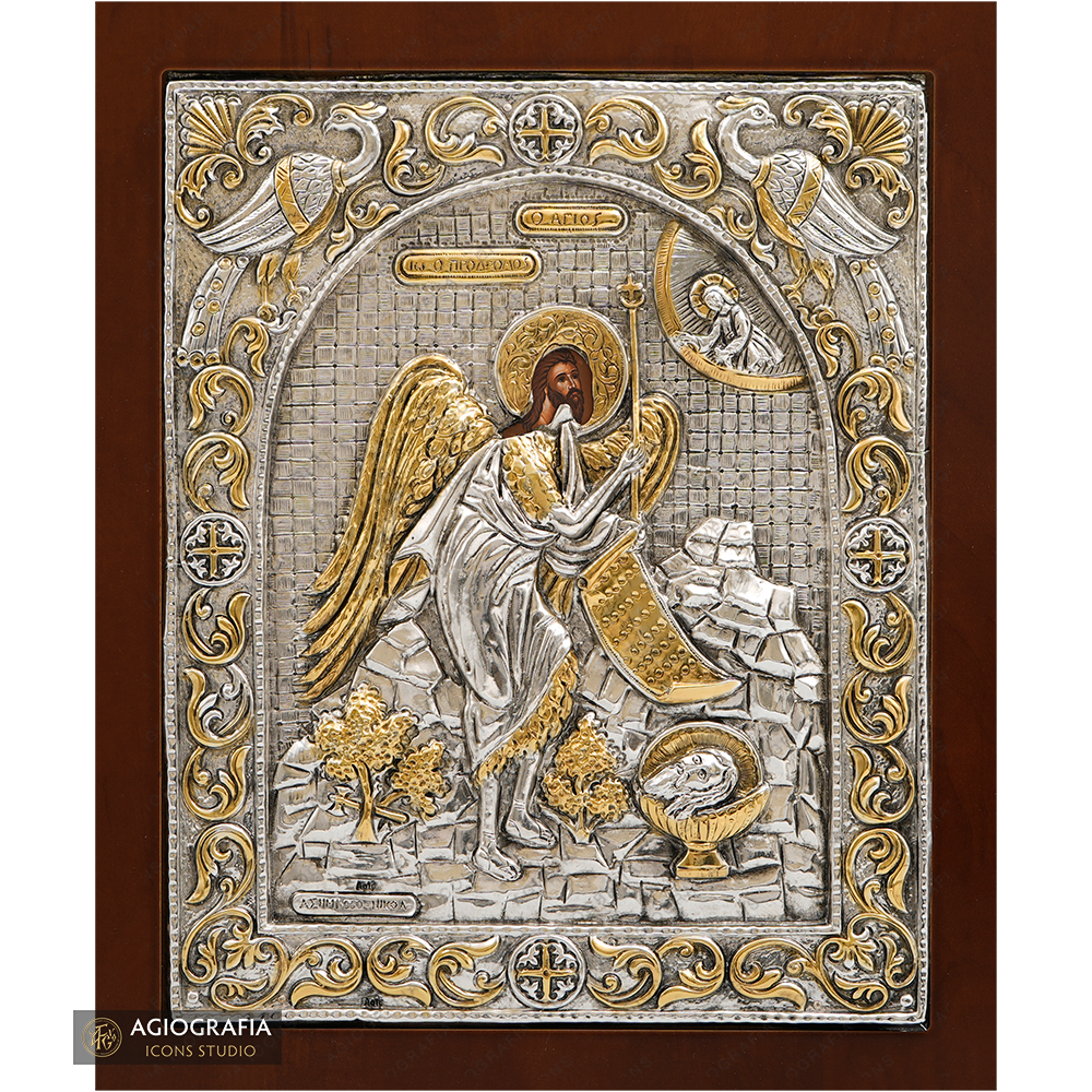Saint John the Baptist Orthodox Silver Plated Icon on Wood
