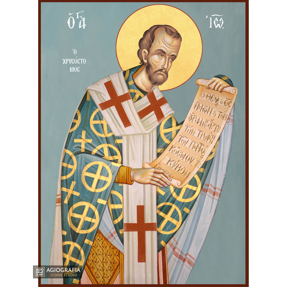 St John Chrysostom Greek Orthodox Icon with Blue Background