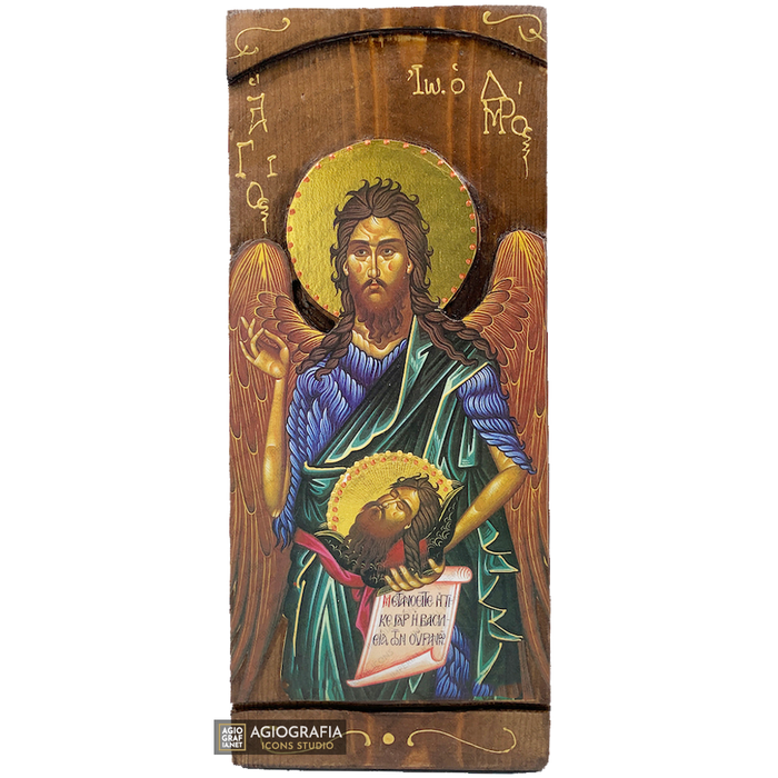 San Giovanni il Precursore icona greca a stampa oro su legno intagliato
