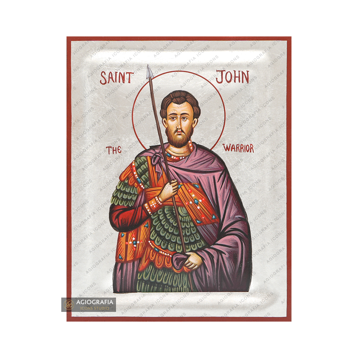 Saint John the Warrior Handwritten Pure Silver Leaves Handwritten Icon
