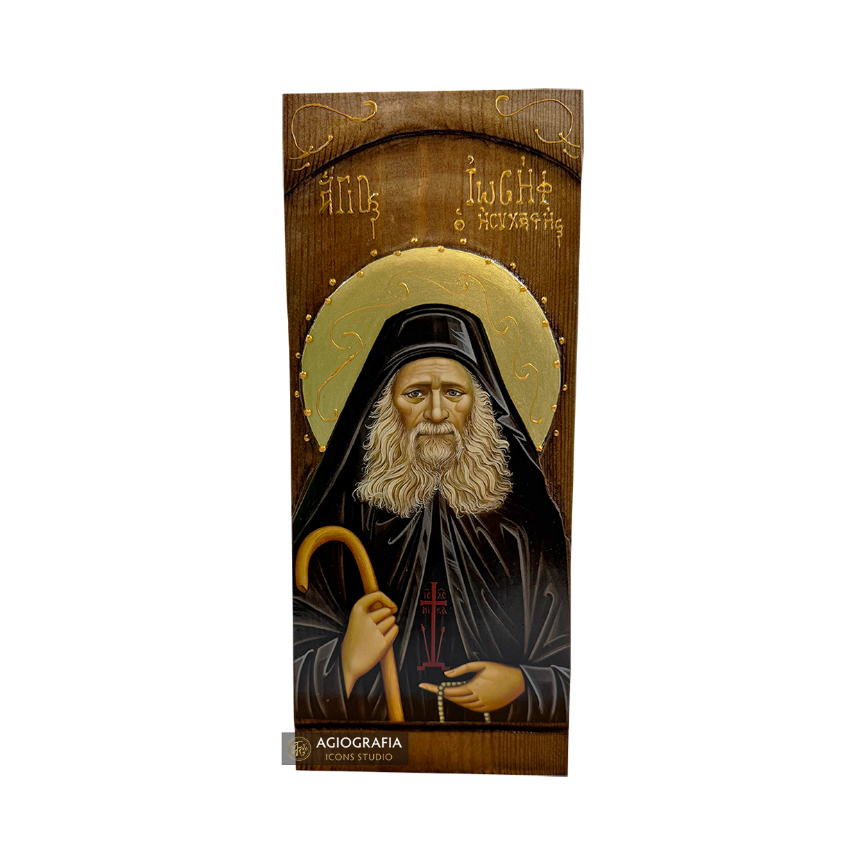 Saint Joseph the Hesychast Gold Print Icon on Carved Wood