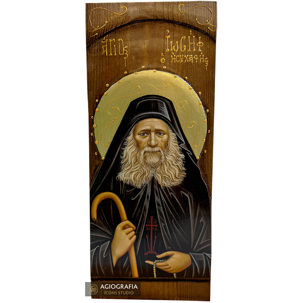 Saint Joseph the Hesychast Gold Print Icon on Carved Wood