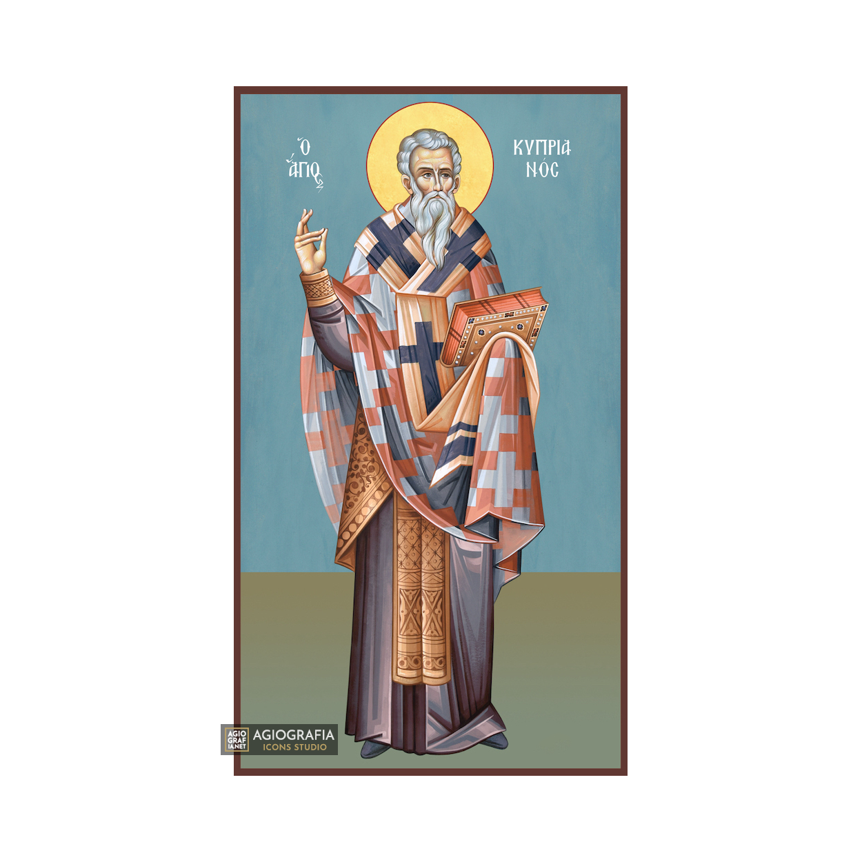 St Kiprianos Christian Byzantine Wood Icon with Blue Background