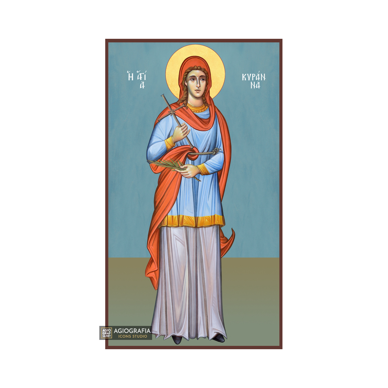 St Kiranna Greek Orthodox Icon on Wood with Blue Background