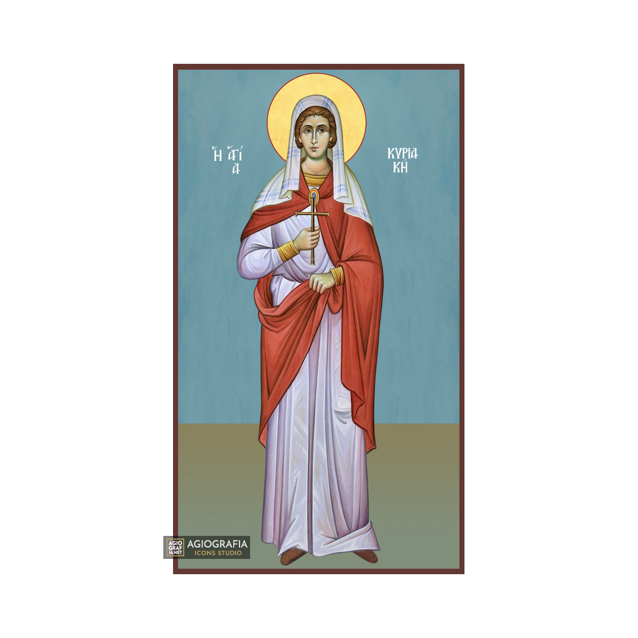 St Kiriaki Christian Orthodox Icon on Wood with Blue Background