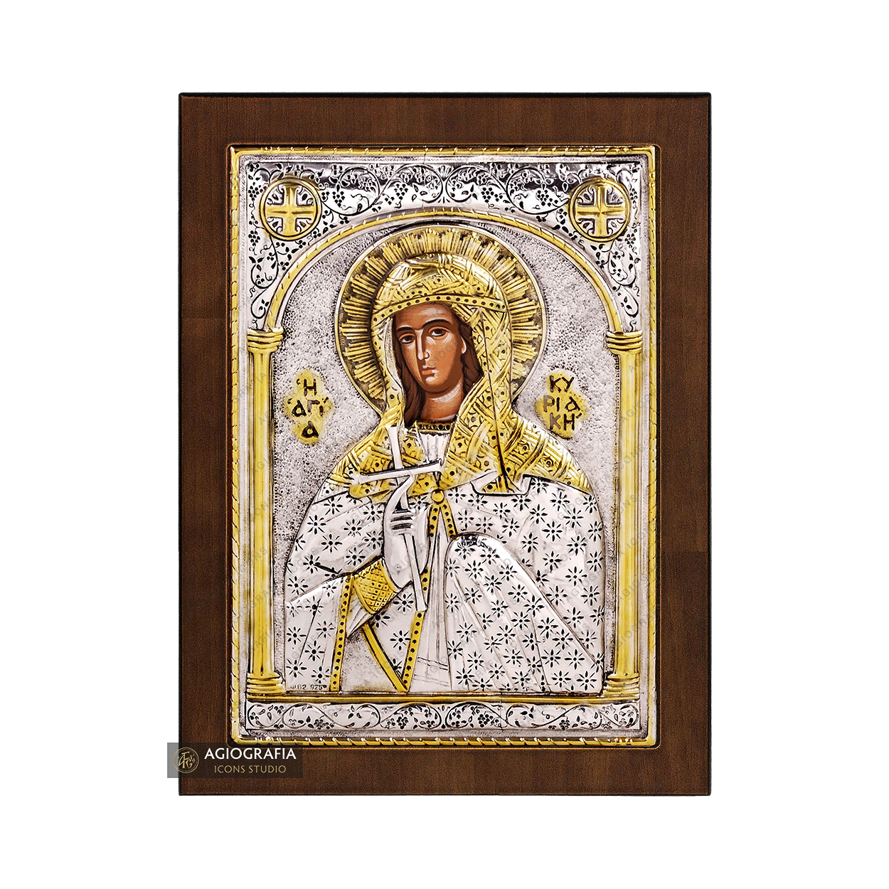 Saint Kiriaki Christian Orthodox Silver Plated Icon on Wood