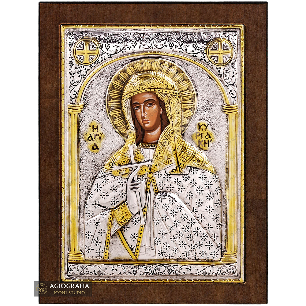 Saint Kiriaki Christian Orthodox Silver Plated Icon on Wood