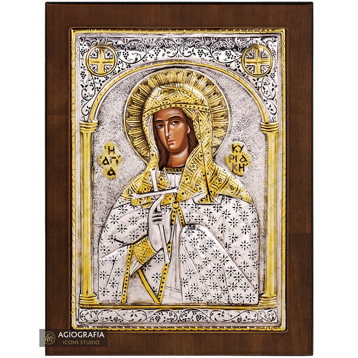 Santa Quiriaca icono cristiano ortodoxo plateado en madera