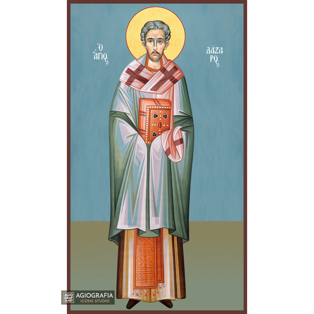 St Lazarus Byzantine Orthodox Icon on Wood with Blue Background