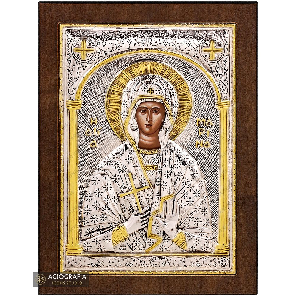 Saint Marina Christian Orthodox Silver Plated Icon on Wood