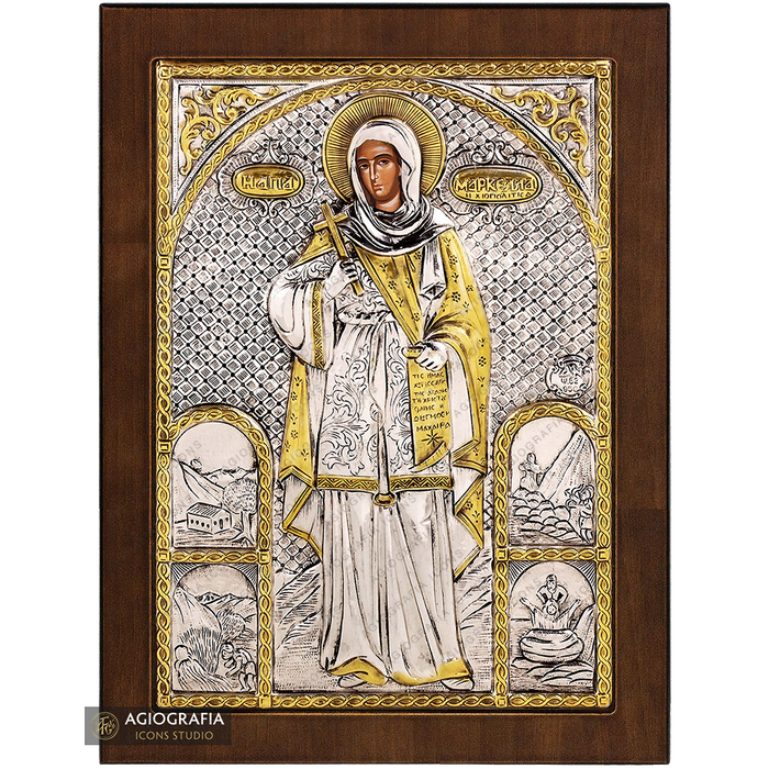 Santa Marcela icono cristiano ortodoxo plateado en madera