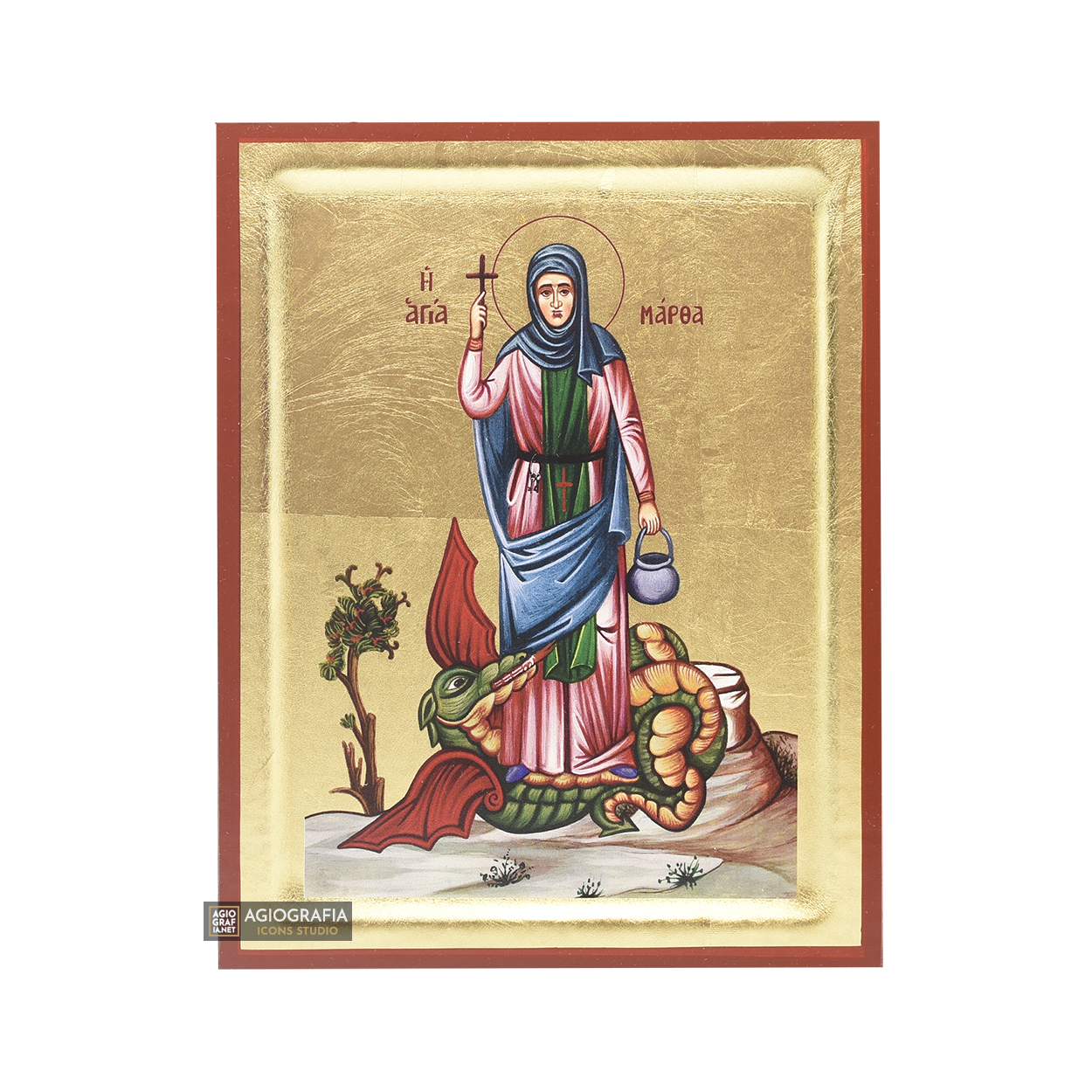 18k Saint Martha Orthodox Icon on Wood with Gold Leaf background
