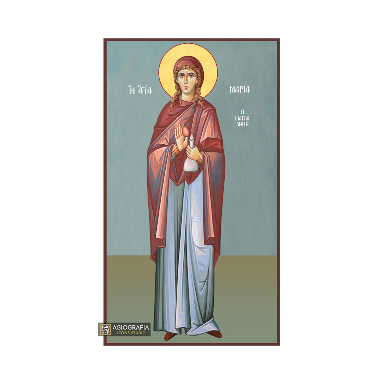 St Mary Magdalene Christian Wood Icon with Blue Background