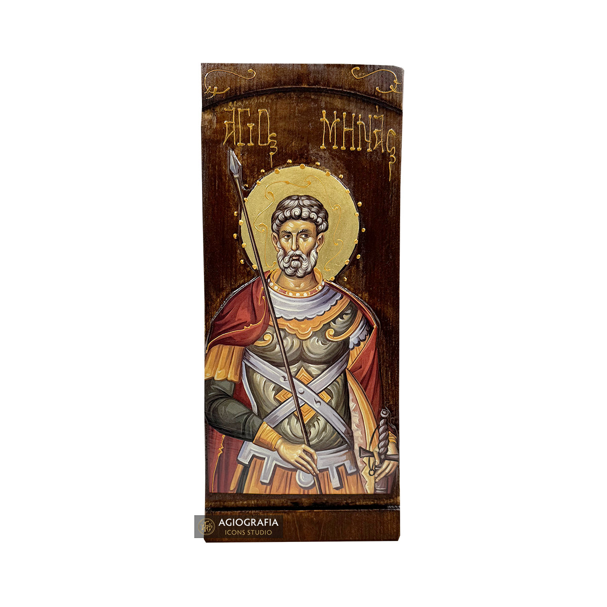 Saint Menas Orthodox Gold Print Icon on Carved Wood