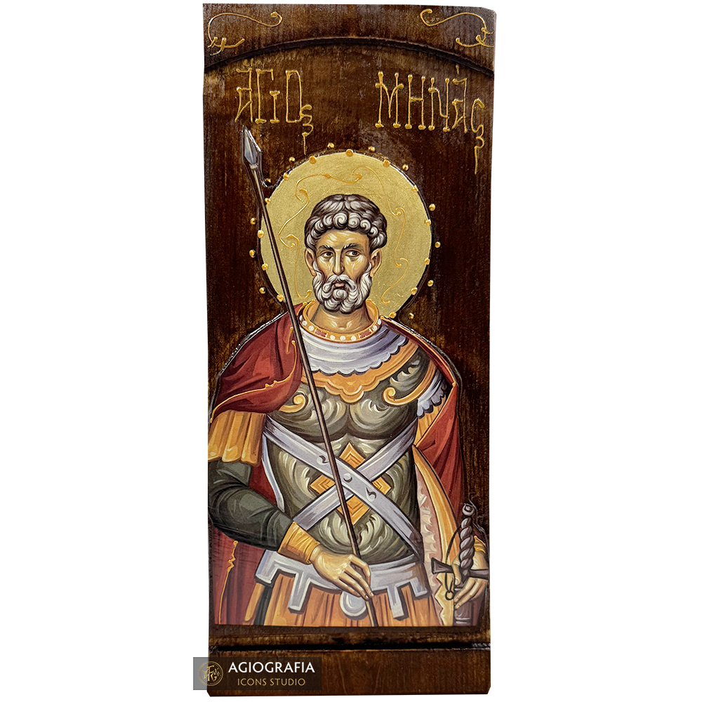 Saint Menas Orthodox Gold Print Icon on Carved Wood