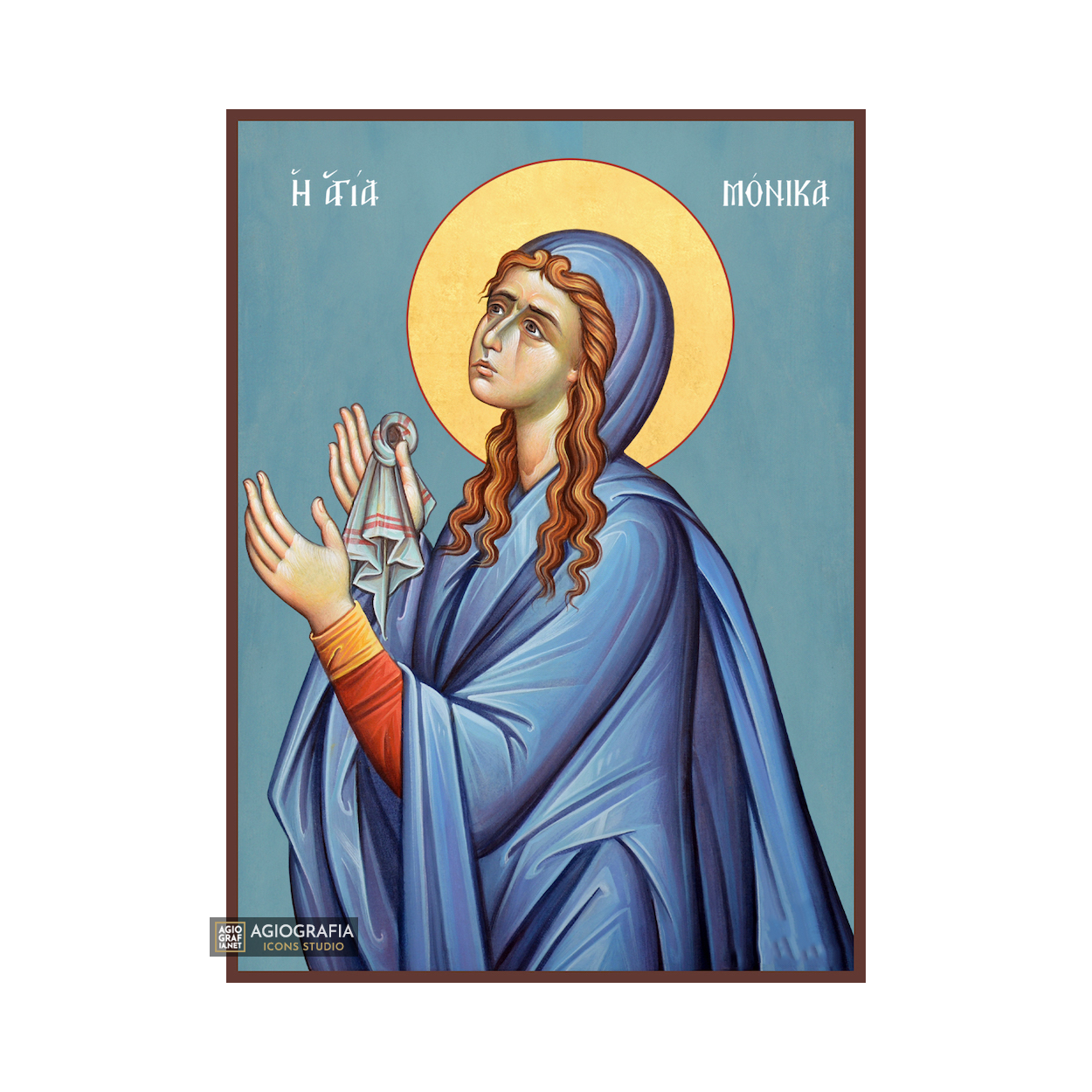 St Monica Greek Orthodox Icon with Blue Background