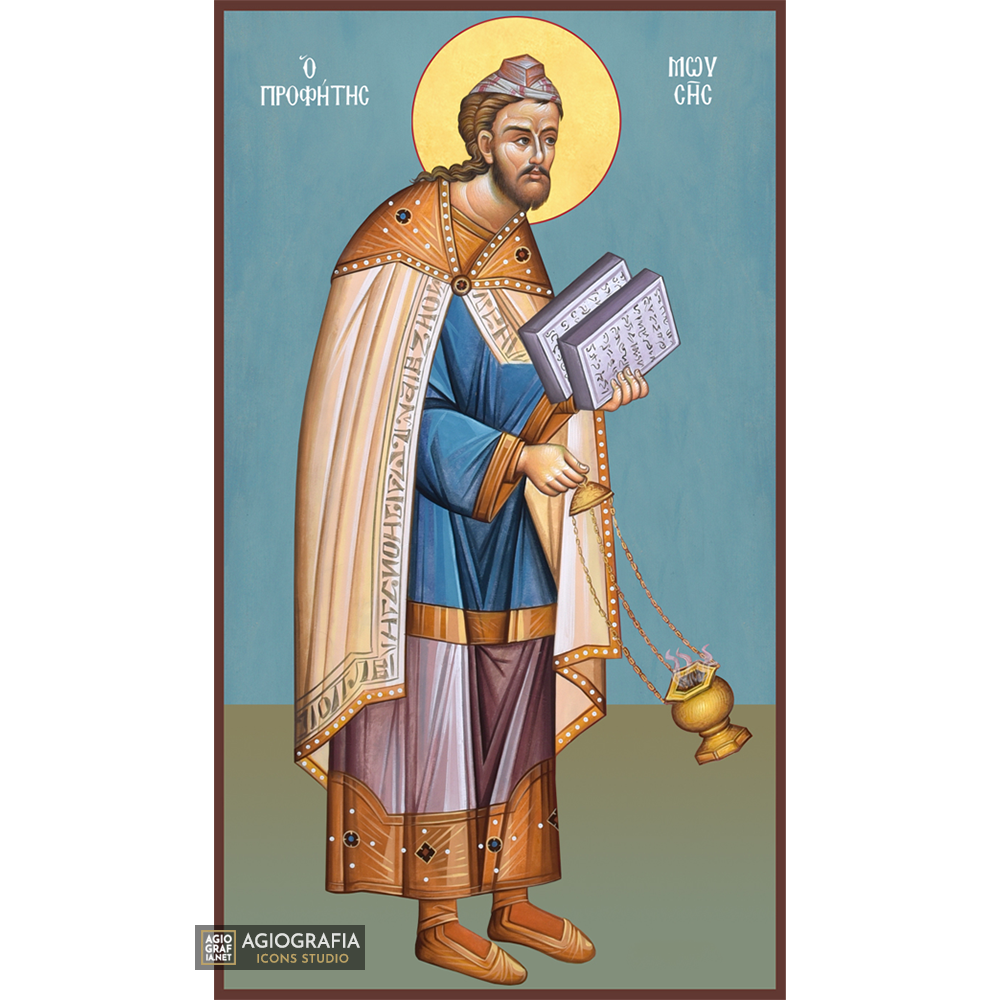 Prophet Moses Greek Orthodox Wood Icon with Blue Background