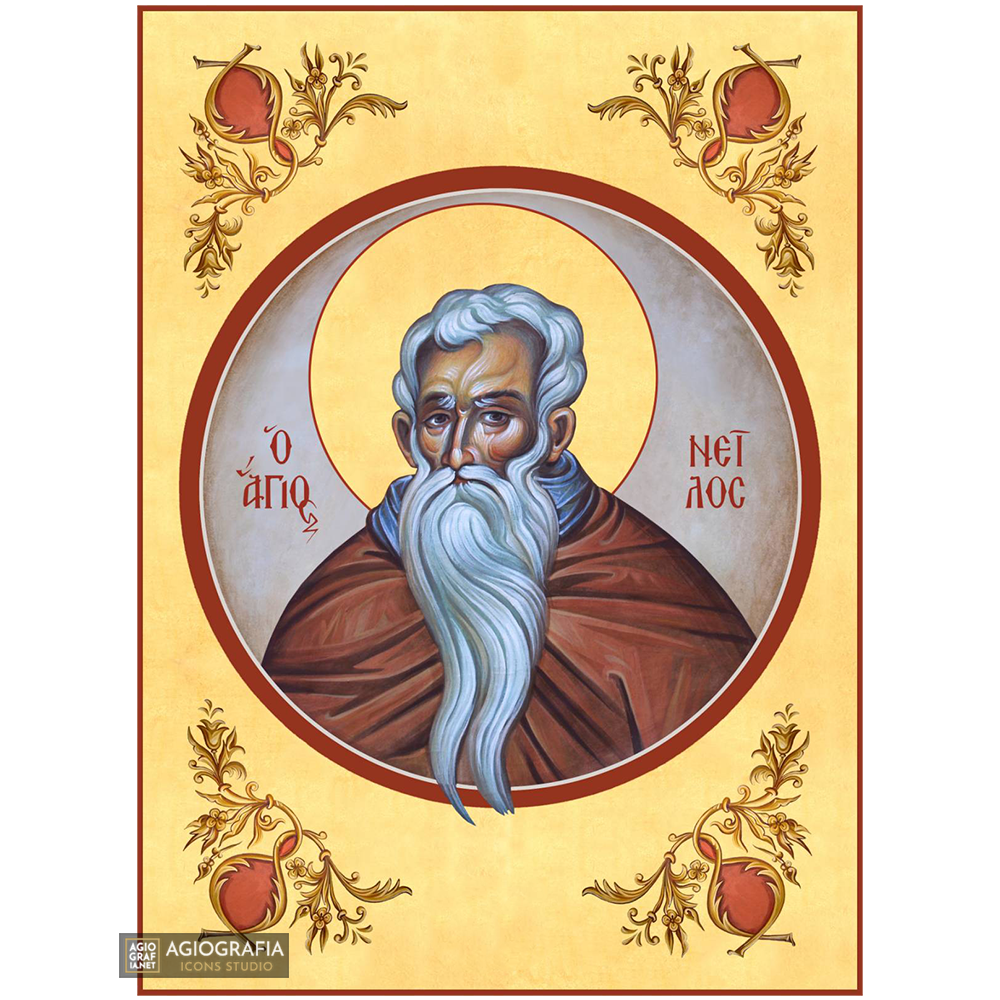 22k Saint Neilos Christian Orthodox Icon with Gold Leaf Background
