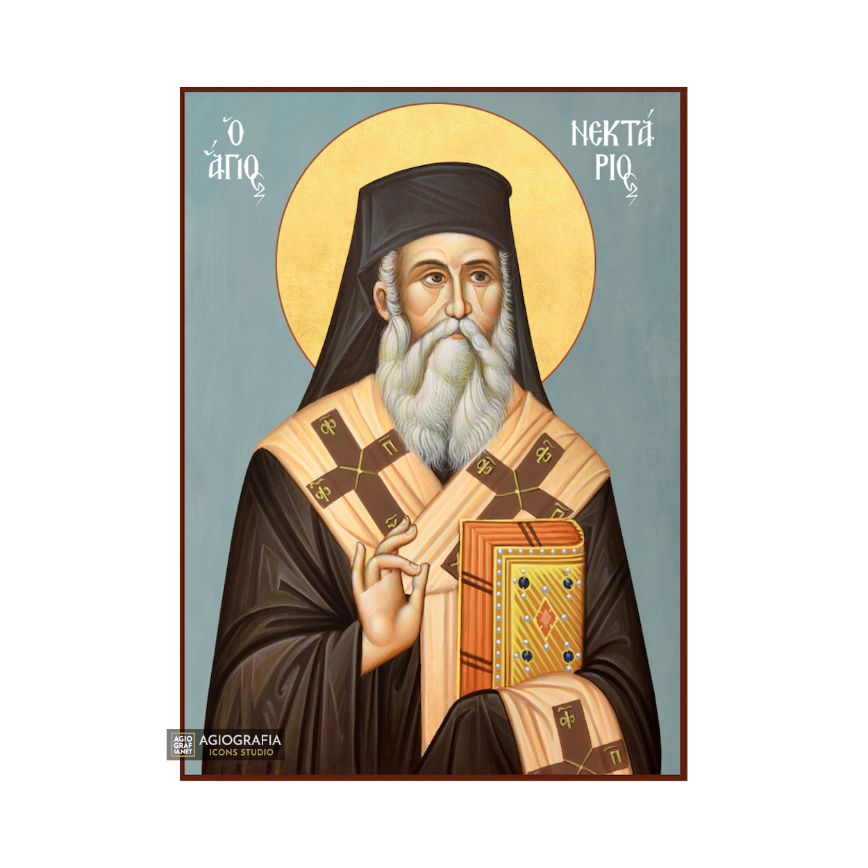 St Nektarios Christian Orthodox Icon with Blue Background