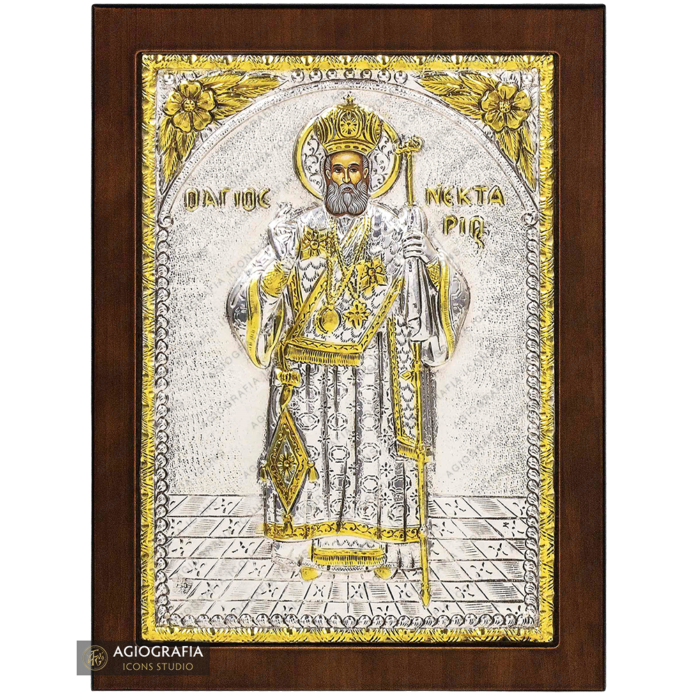 Saint Nektarios Christian Orthodox Silver Plated Icon