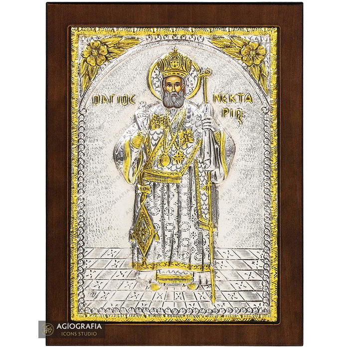 San Nettario icona cristiana ortodossa placcata argento