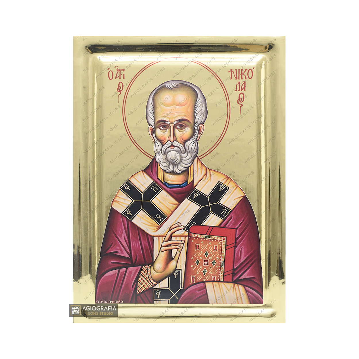 St Nicholas Byzantine Orthodox Wood Icon with Gilding Effect