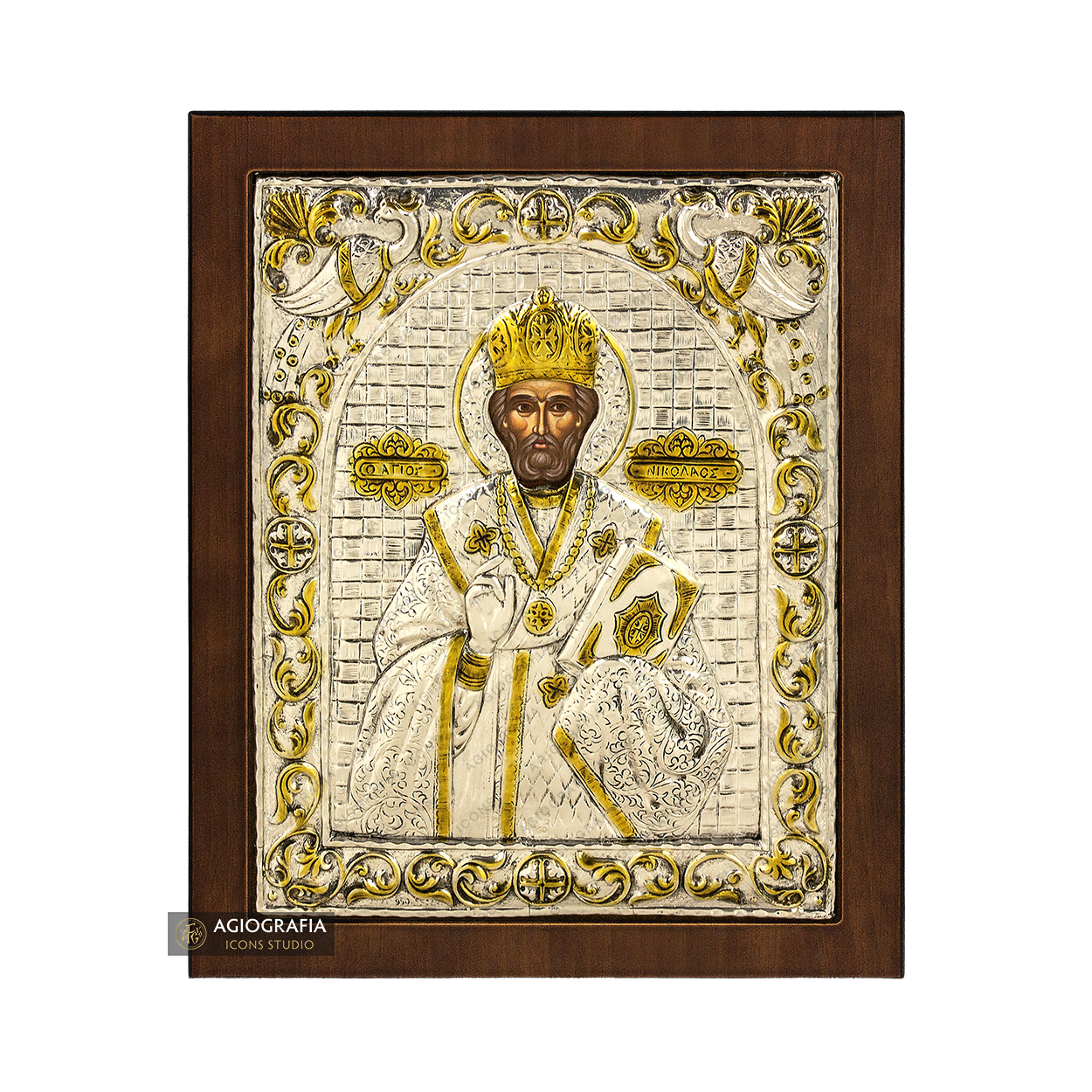 Saint Nicholas Silver Gold Plated Icon on Wood