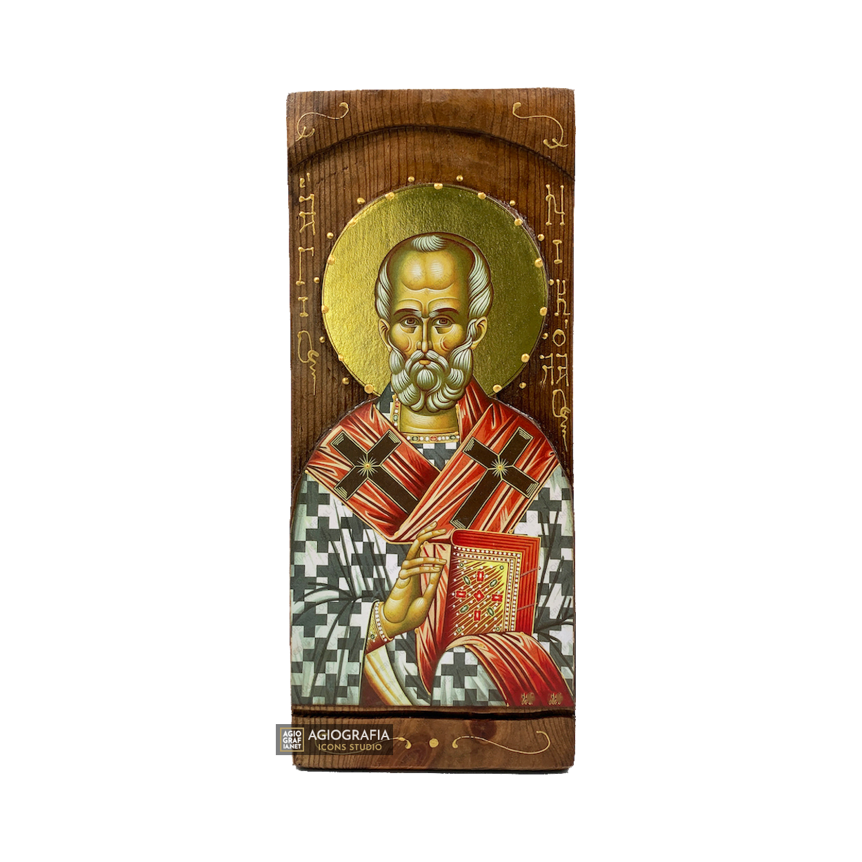 St Nicholas Byzantine Greek Gold Print Icon on Carved Wood