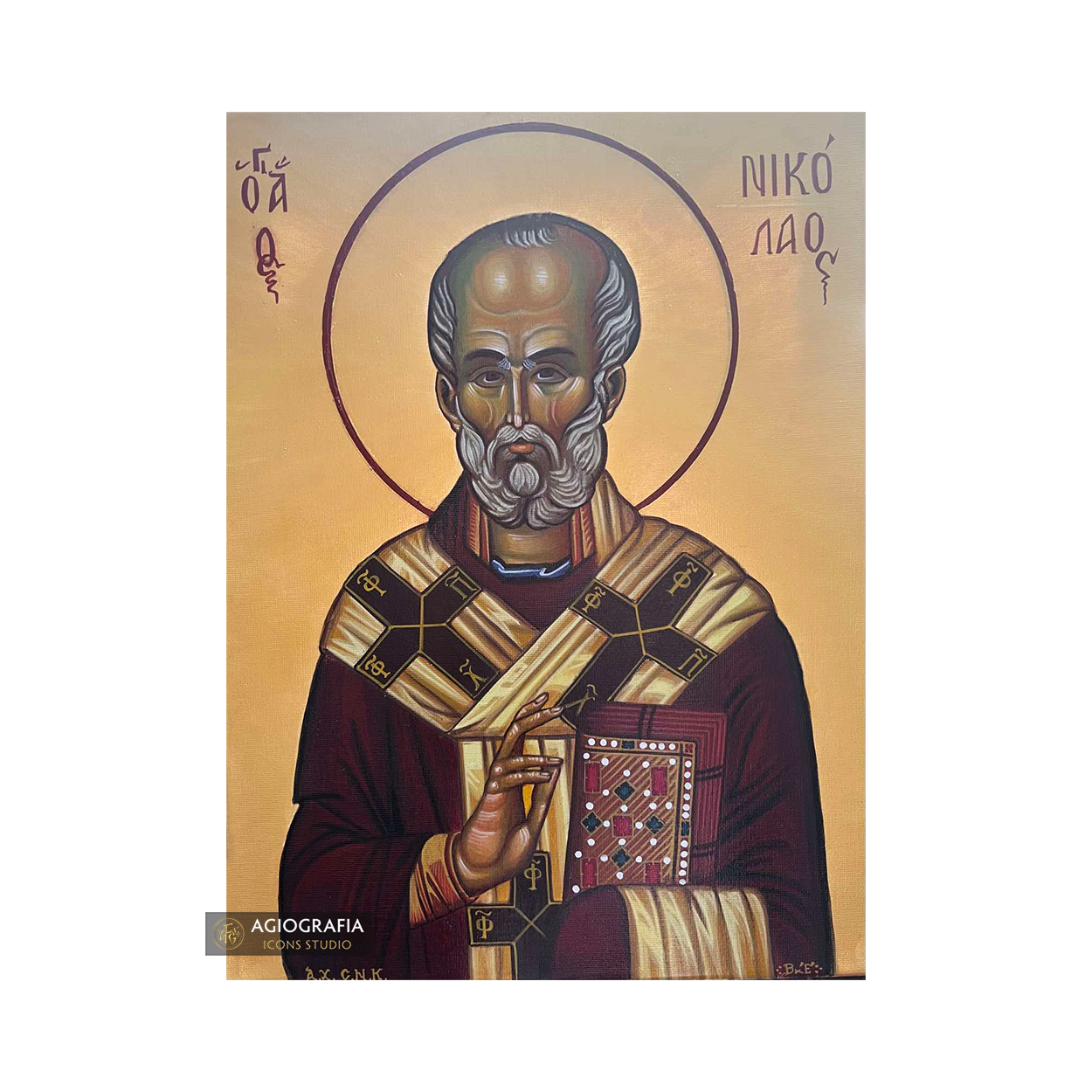 22k Saint Nicholas Handwritten Icon with Gold Leaves Background