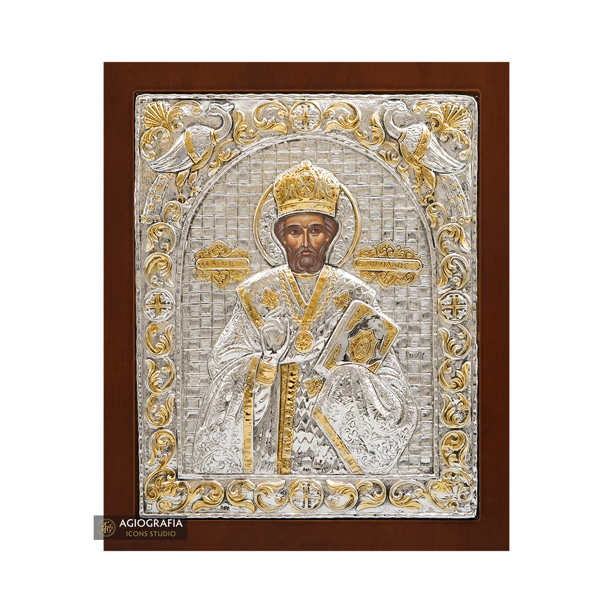 Saint Nicholas of Myra Orthodox Silver Plated Icon on Wood