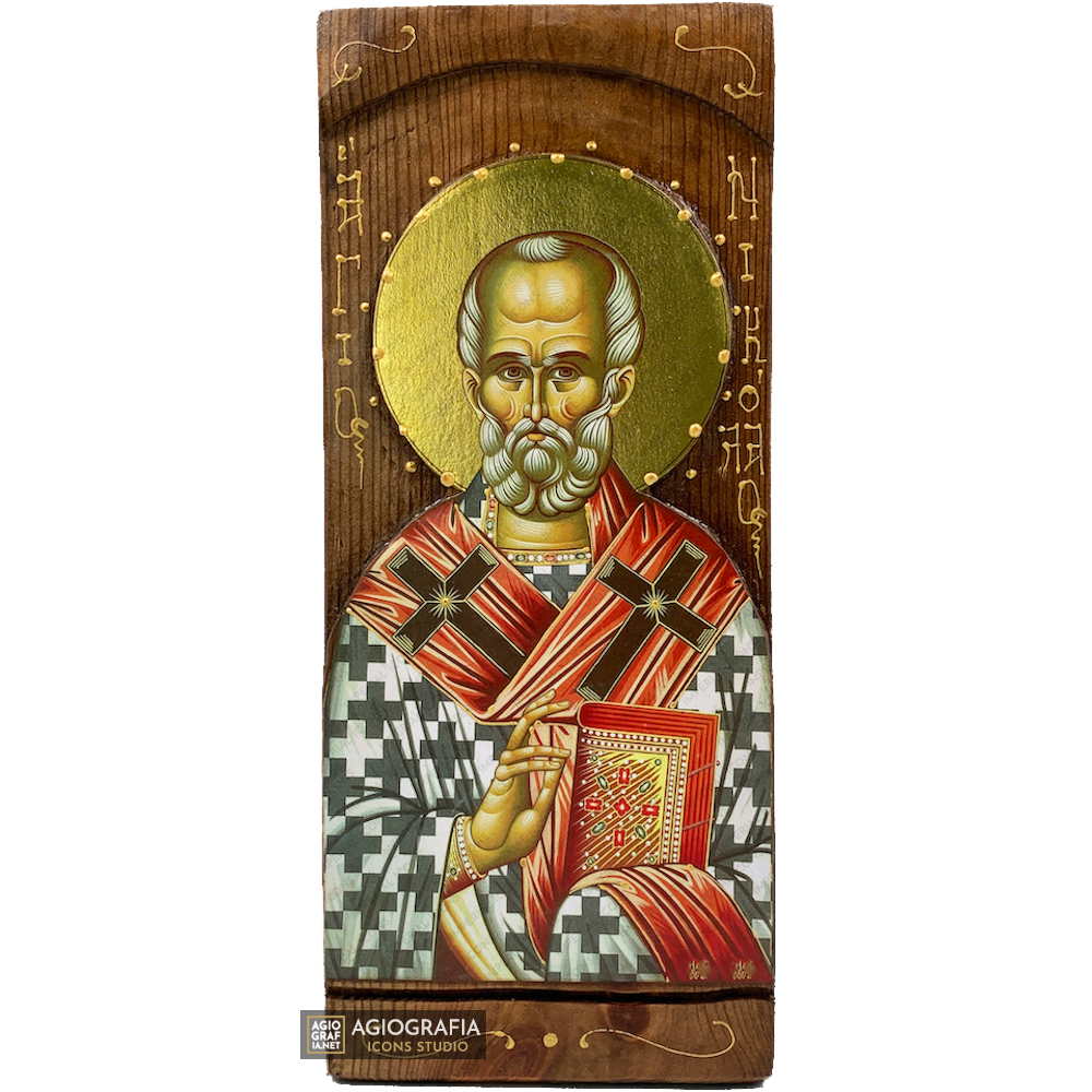 St Nicholas Byzantine Greek Gold Print Icon on Carved Wood